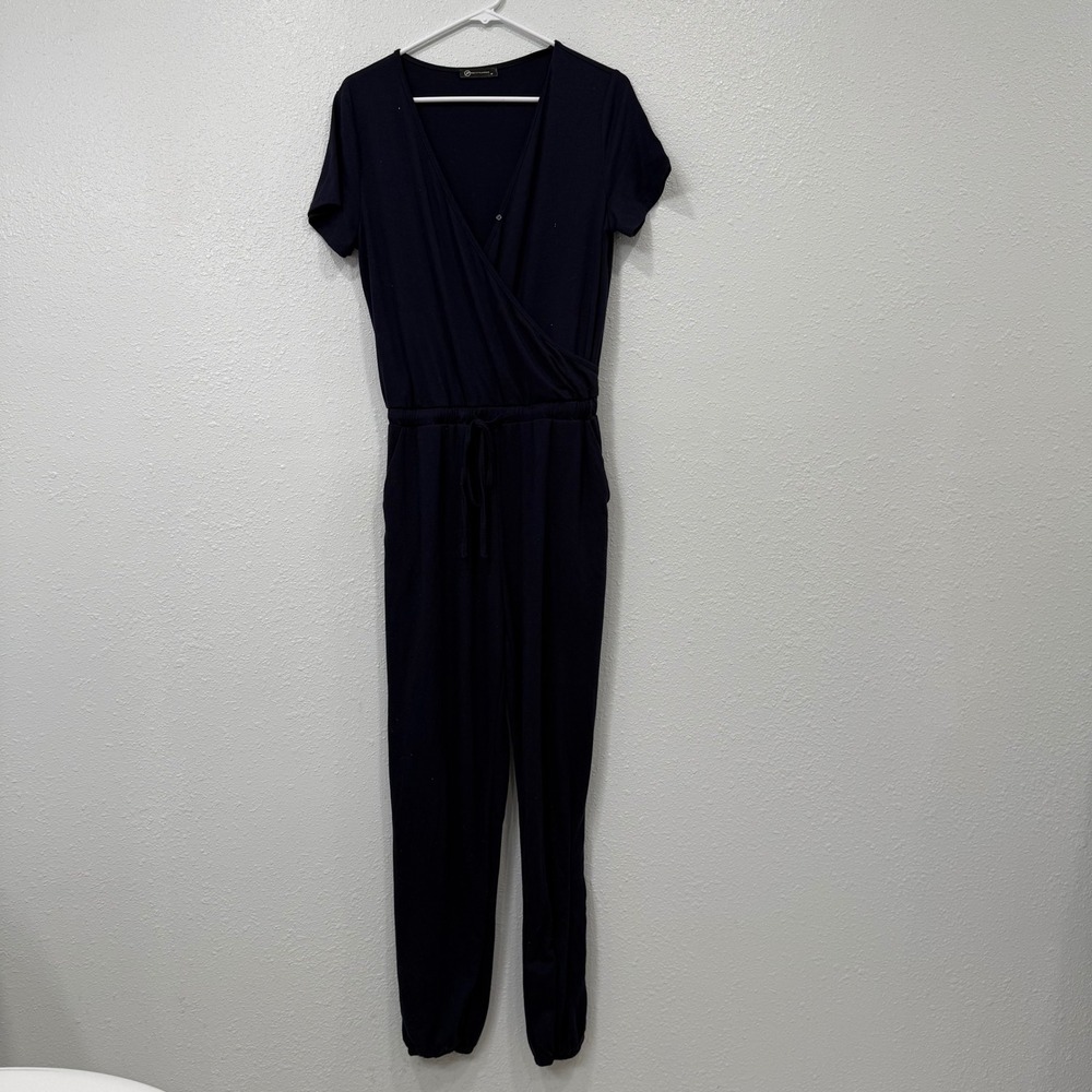 PRETTY GARDEN Navy Blue Wrap Short Sleeve Jogger Jumpsuit Women Size M